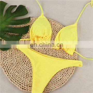 2019 new Micro Push Up Swimwear Triangle Fold Cup Bikini Set Neon Summer Hot Sexy Beach Solid G String Swimsuit