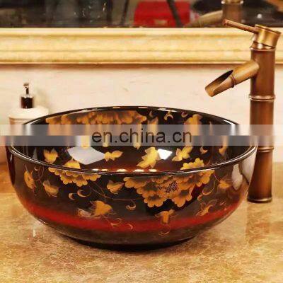 Hand Painted Big Flower Bathroom Art Ceramic Porcelain Hand Wash Face Basin Sink photo-2