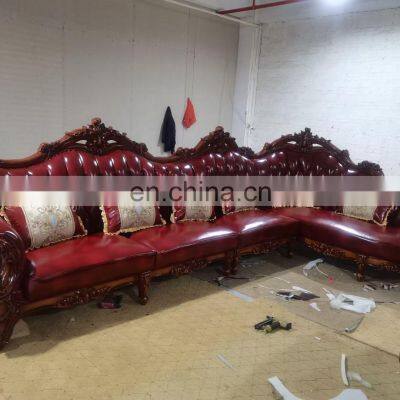 European Italian Style Luxury Classic Solid Wood Genuine Leather Living Room Chaise Longue Sofa Set Furniture
