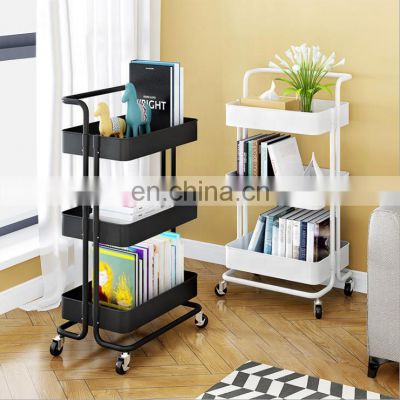 Modern hot selling practical three layers black white yellow blue home metal trolley with wheels for kitchen trolley cart