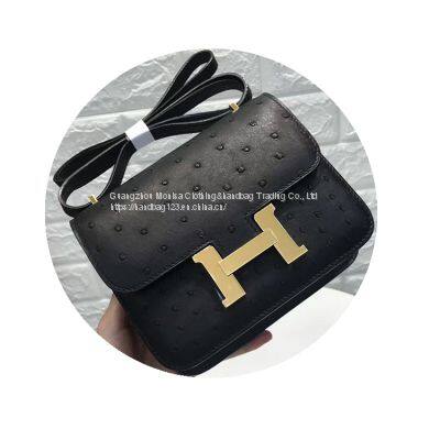 Ostrich Leather Women's Bag Leather Stewardess Bag Kangkang Fashion Tofu Small Square Bag 18 19 Shoulder Messenger Casual Women's Bag photo-3