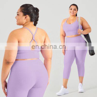 Odm Rib Splice Color Plus Size Sport Set Gym Backless Workout Bra High Waist Legging