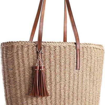 Straw Tote Bag Eco-Friendly Paper Woven Shoulder Handbag Vacation Beach Bag