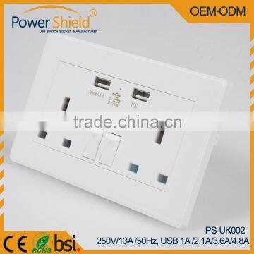 European British UK 2 Gang Dual USB Wall Outlet Charging Socket Brush Silver and Metal Chrome Frame 5V/4800mA photo-2