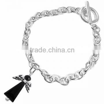 Winged And Genuine Jet Black Crystal Angel Charm Chain Link Bracelet photo-3