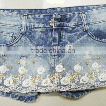 2016 women's jeans beaded denim short hot pants lace knitted denim fabric denim jeans wholesale