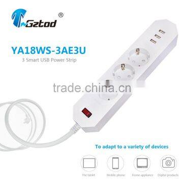 Euro German 3 way power plug socket 3 port usb 100v-250v 16a cable voltage surges protected