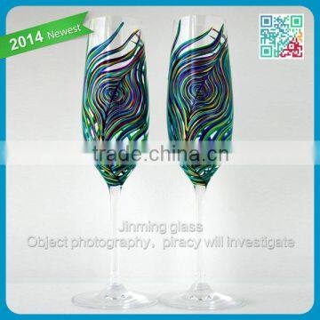 Peacock Feather Wedding Flutes Set of 2 Personalized Hand Painted glass champagne flute