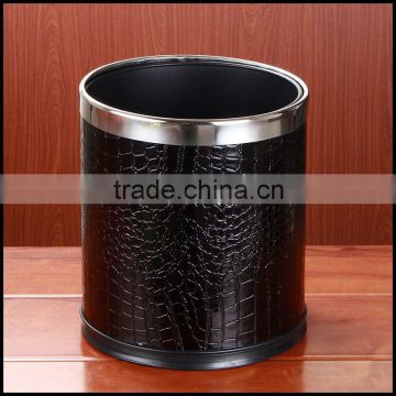 Home stick leather trash can store, black, leather, stainless steel hotel, guest room, garbage can.