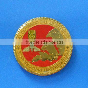 Gold plated metal coin with epoxy