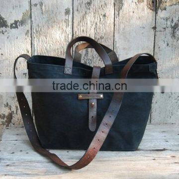 Custom high quality waxed canvas tote bag leather handle