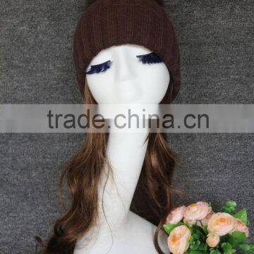 Winter warm handmade stripe beanie hats with removable raccoon fur pompom coffee color