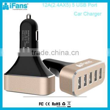 5 Port USB Car Charger Adapter, 12A Color Aluminum Circle Auto Car Adaptor,Two USB Car Charger