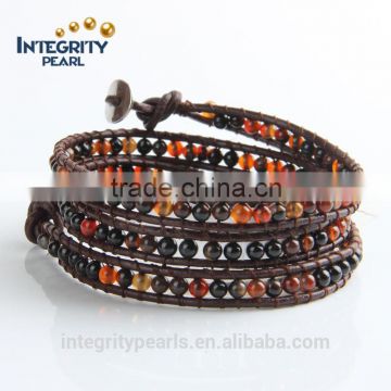 4mm natural agate stone cheap leather braided bracelet, fashion leather bracelet, new style bracelet