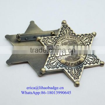 Custom antique brass plating sheriff star badge