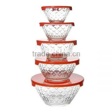 New Design High Quality Embossed 5 Pcs Glass Bowl Set With Plastic Lids