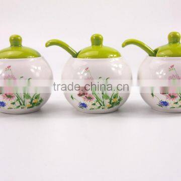Set Of 3 White Flower Printed Round Ceramic Spice Container Spice Jar With Lid photo-2