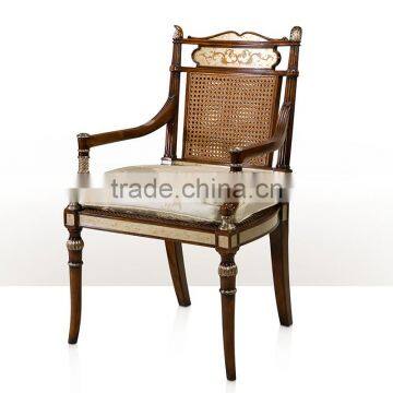 Antique Regency English Victorian Style Solid Wood Carved Armchair with Floral Painted and Rattan Chair Back BF12-05314c