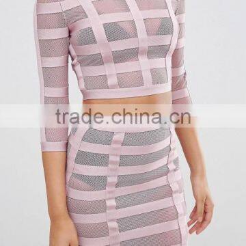 Bandage Mesh Women Long Sleeve Ctop Top and Pencil Skirt Ladies 2 Piece Skirt Sets photo-5