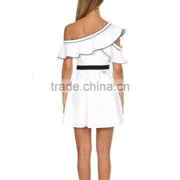 Asymmetrical Ruffle One Shoulder Contrast Pipping Short Dress photo-5