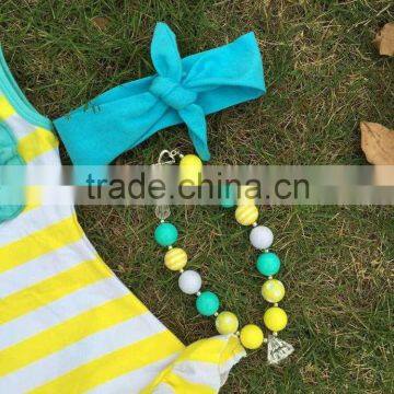 2016 New Baby Girls Yellow Strips Capri Set Outfits With Matching Necklace and Headband photo-2