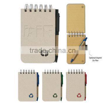 Hard kraft card cover spiral winding pocket recycle notebook 70grams 80sheets 8.5*12.5cm with paper pen and recycle logo cutout