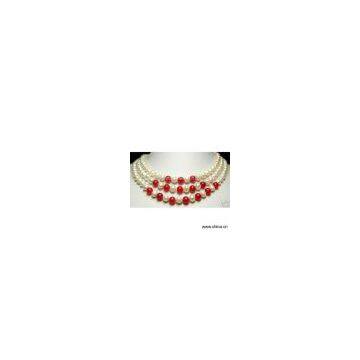 Sell Three Row Red Coral And Freshwater Pearl Necklace