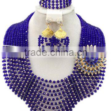 10layers Royal Blue Crystal Beads with Brooches African Jewelry Set