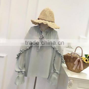 B22668A Autumn Ladies long sleeve Lace Bow Tie Shirt
