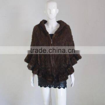 SJ467 Wholesale and Retail Fur/Natural Brown Women Rabbit Hood Cape/Poncho/Shawl