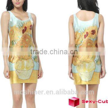 summer dress 2015 New Women Digital Print Dress Flowers Paint Package Hip Dress ,fashion dress