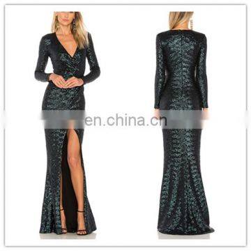 Fashion V-neck & Front Seam Slit Green Sequin Beaded Evening Dress With Long Sleeve