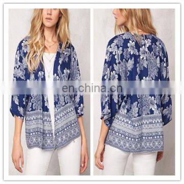 Summer Short Blue Floral Print Kimono Cardigan For Women