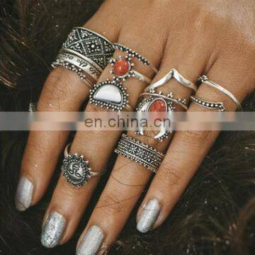 Retro Silver Carved Flower Ring Red White Turquoise 14pcs Set Rings