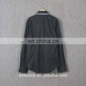 Customized Men's Dark Blue Solid Cotton Shirt Dress Causal Fitted Mens Shirt photo-3