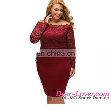 Beautiful Wholesale Fat Women Wine Off Shoulder Long Sleeves Plus Size Lace Dress