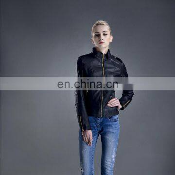 2017 New Style Women Spring Fashion Slim Zipper PU Leather Jacket photo-2