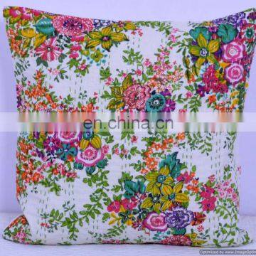 Indian Colorful Designer Cotton kantha White Floral sofa Cushion Covers/Handcrafted Ethnic kantha work Pillow Cushion Cover Art