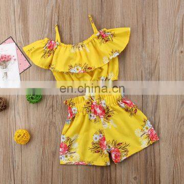 Girl Flowers Print Clothes 3Colors Kids Girls Summer 2pcs Set Strap Tops Shorts Outfits 1-6T photo-5
