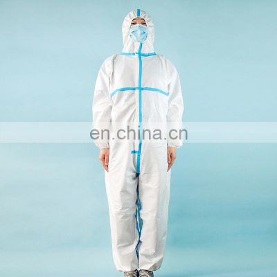 CE EN 14126 14605 13034 13982  Protective Clothing white coverall suit with blue tape