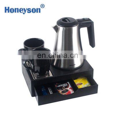 hotel electric kettle with tray set stainless steel hotel room electronic kettle electric water kettle and tray, 0.8L