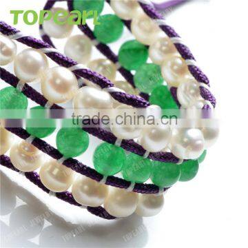 Topearl Jewelry Freshwater Pearl Bracelet Malaysian Jade Bracelet Woven Leather Wrap Bangle CLL176 photo-3