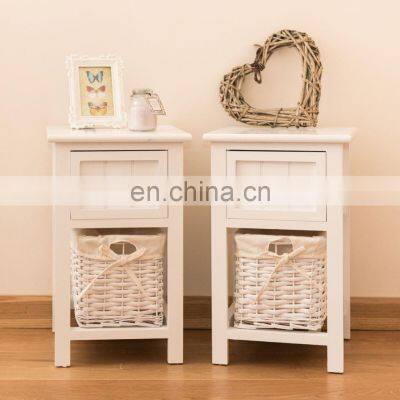 2 PCS Wooden Bedside Units Table with Wicker Drawer