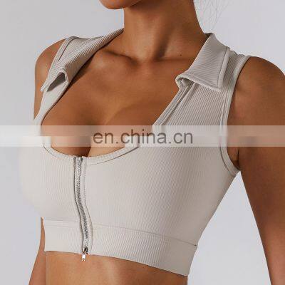 Deep v cut gym bras racer back zip up sport bra big breast sports bras for women