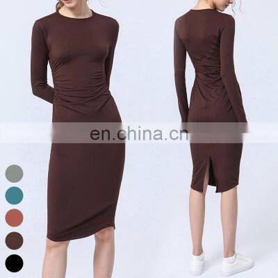 Long Sleeve Waisted Ruffles Split Back Yoga Dress Custom Logo Workout Clothing Gym Fitness Wear Yoga Skirt Women Sports Dress photo-3