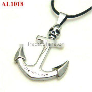 Wholesales titanium steel skull boat anchor charm necklace leather chainAL1018