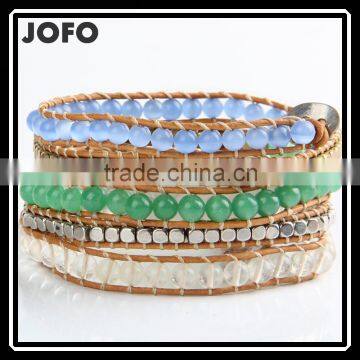 Leather Cord Glass Beads 5 Loops Bracelets, With Acrylic Beads and Stainless Steel Clasps
