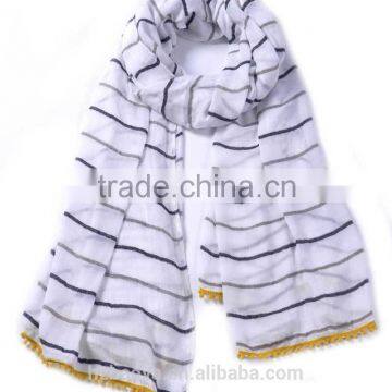 Most soft yarn dyed strip viscose scarf with pompon