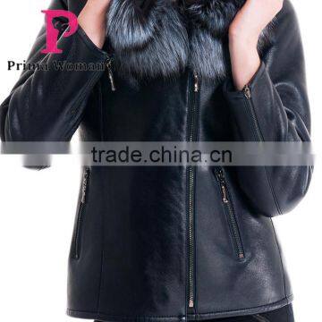 2015 Winter Leather Short Slim Fit Embroidered Women Coat With Belt Silver Fox Fur Hat photo-5