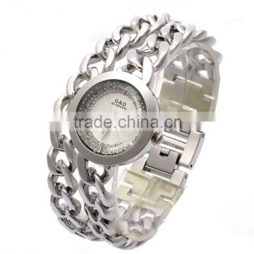 Women's Silver-Tone Double Chain Stainless Steel Band Rhinestone Luury Fashion Quartz Wrist Watches